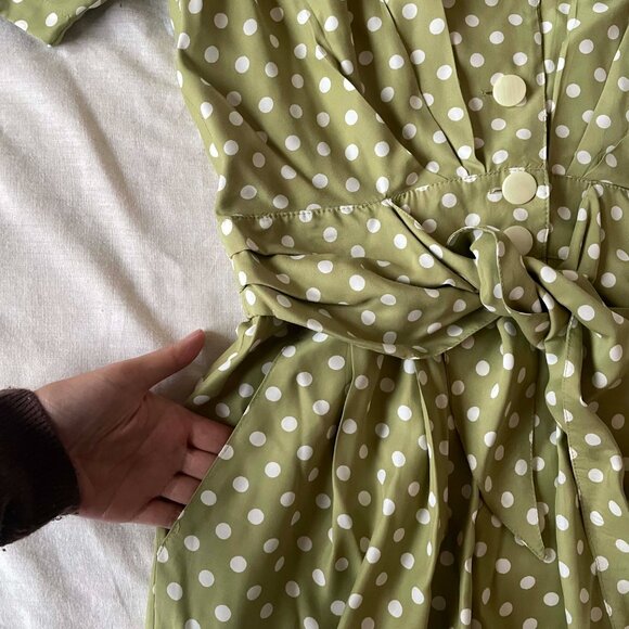 Vintage Retro 80s Sage Green Polka Dot Button-Up Waist Tie Maxi Dress Whimsy - Picture 4 of 5